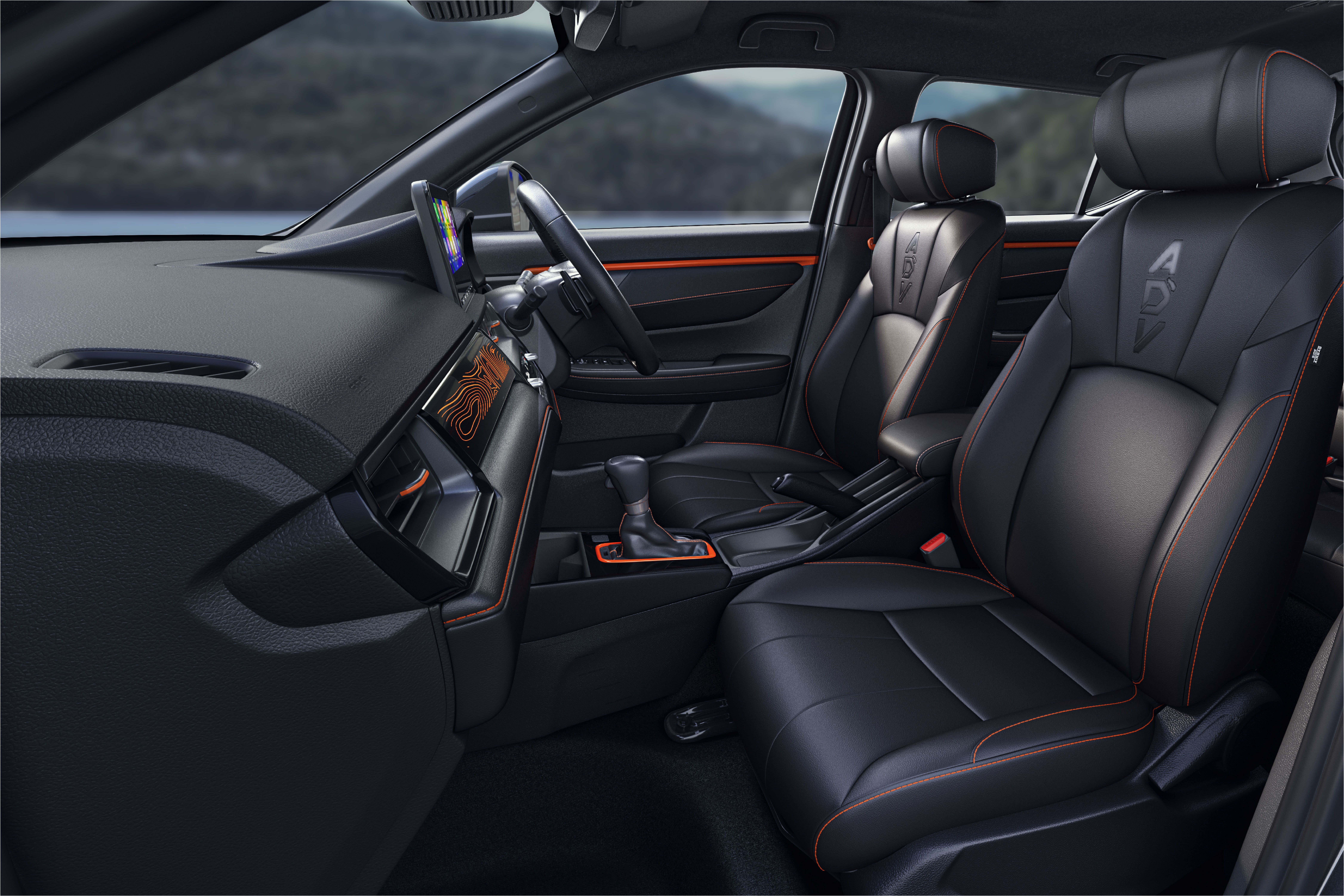 ADV EMBOSSED SPORTY BLACK SEATS WITH ACTIVE ORANGE STITCHING